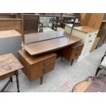 A RETRO TEAK DRESSING TABLE ENCLOSING FOUR DRAWERS WITH BELT BUCKLE STYLE HANDLES, 60" WIDE