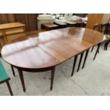 A 19TH CENTURY MAHOGANY D-END EXTENDING DINING TABLE ON TAPERED LEGS, WITH SPADE FEET, THE CENTRE