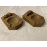 TWO ROBERT THOMPSON "MOUSEMAN" CARVED OAK TRINKET/ ASH TRAYS WITH MOUSE INSIGNIA