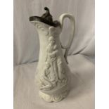 A VICTORIAN PARIAN WARE EMBOSSED JUG DEPICTING NAOMI AND HER DAUGHTERS-IN-LAW WITH PEWTER LID