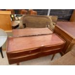 A RETRO TEAK SCHREIBER STYLE DRESSING TABLE WITH FOUR DRAWERS, 48" WIDE