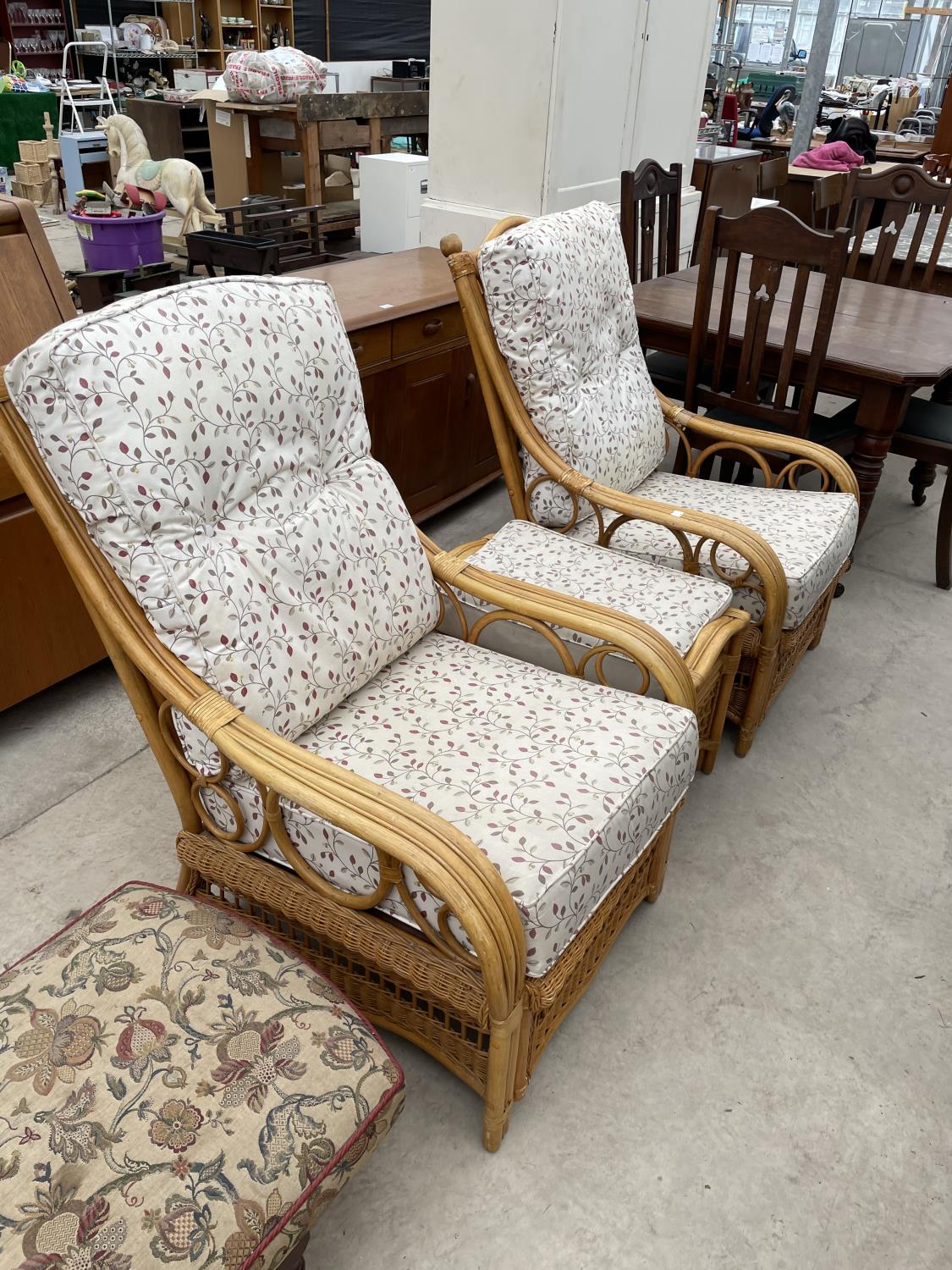 2 WICKER AND BAMBOO CONSERVATORY CHAIRS PLUS A MATCHING STOOL