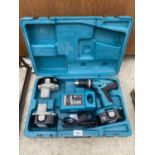 A CASED MAKITA 18V AND THREE BATTERIES TO INCLUDE CHARGER, BELIEVED IN WORKING ORDER BUT NO WARRANTY