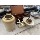 A TREEN BOX, TWO STONE WARE POTS AND A SET OF WEIGHT AND SCALES