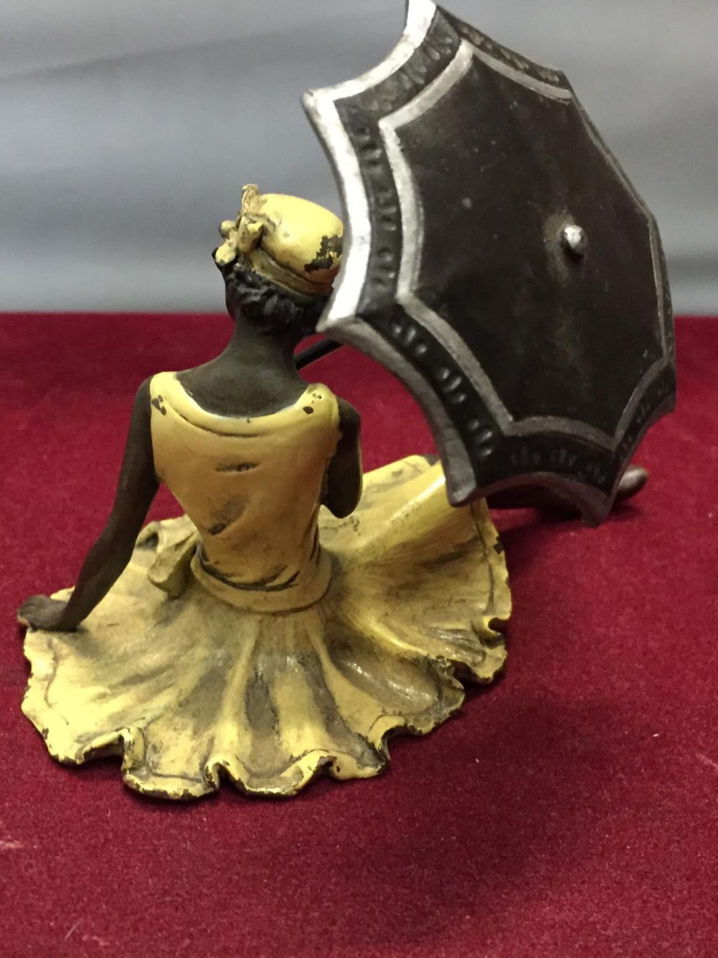 A BERGMAN STYLE COLD PAINTED BRONZE OF A WOMAN IN A YELLOW DRESS WITH MATCHING PARASOL HEIGHT - Image 3 of 5