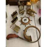 A COLLECTION OF ASSORTED ITEMS TO INCLUDE BRASS WARE, CLOCKS AND BAROMETER