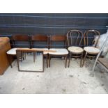 A PAIR OF BENTWOOD CHAIRS AND 3 STATEROOM DINING CHAIRS AND MIRROR