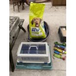 AN ASSORTMENT OF PET ITEMS TO INCLUDE DOG BEDS, DOG FOOD AND A PET CAGE ETC
