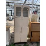 A 1950'S PAINTED KITCHEN CABINET WITH GLASS DOORS TO THE UPPER PORTION, 24" WIDE