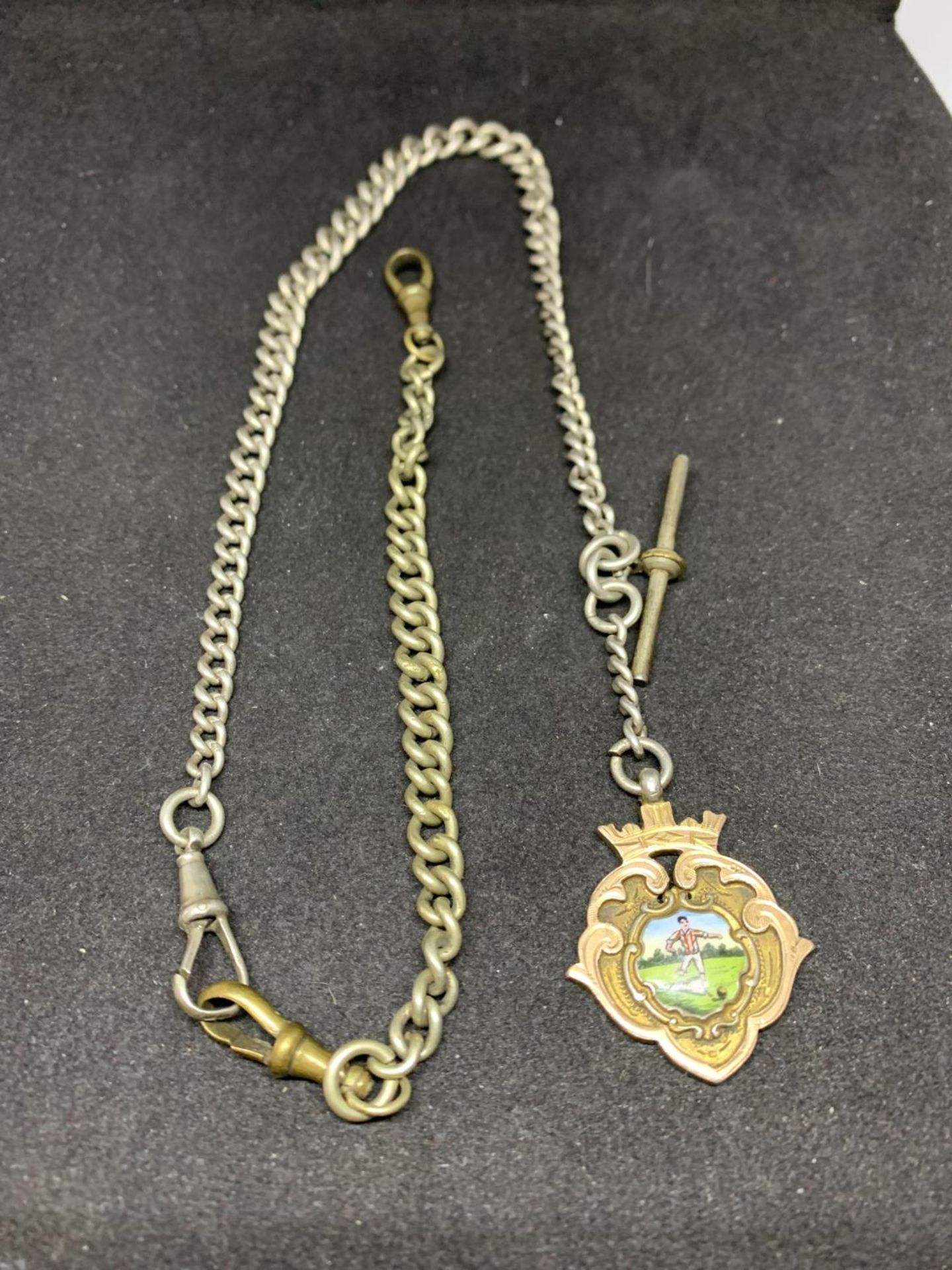 A HALLMARKED SILVER ALBERT CHAIN WITH A HALLMARKED CHESTER SILVER FOOTBALL MEDAL BELIEVED 1921