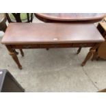 A MODERN WALNUT AND CROSSBANDED CONSOLE TABLE WITH ROPE EDGE, THREE FRIEZE DRAWERS ON TURNED