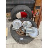 TWO TYRES AND RIMS, THREE TROLLEY WHEELS AND A TYRE
