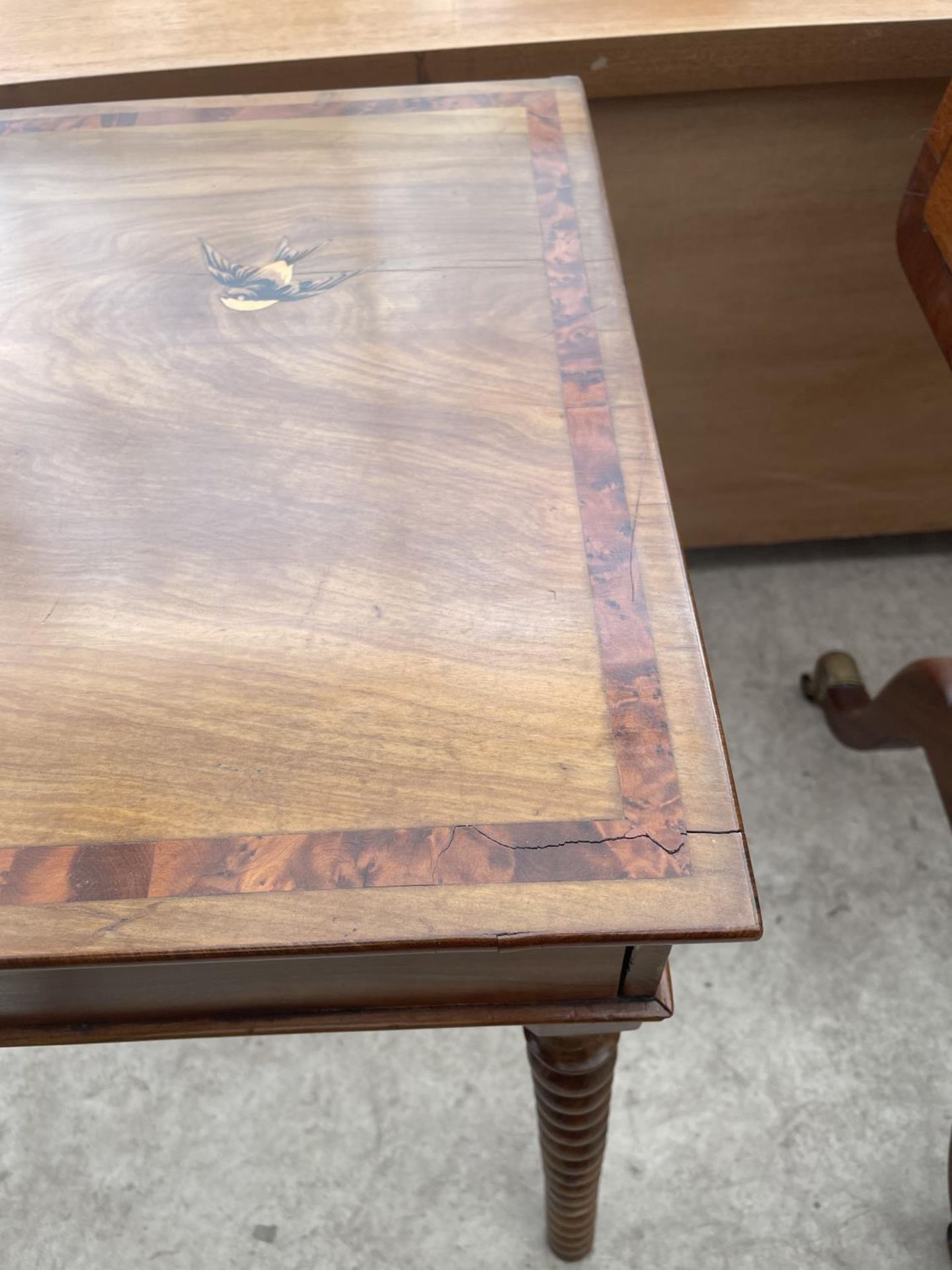 A SMALL WALNUT AND INLAID TABLE WITH SWALLOW DECORATION ON TURNED LEGS WITH SINGLE DRAWER, 22X17.5" - Image 6 of 6