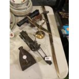 VARIOUS ITEMS TO INCLUDE A SWORD, A SMOOTHING IRON AND METAL MOTOR BIKE ORNAMENT