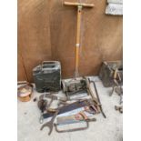 AN ASSORTMENT OF ITEMS TO INCLUDE A VINTAGE MOWER, JERRY CAN, AND HAND TOOLS ETC
