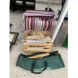 AN ASSORTMENT OF ITEMS TO INCLUDE A ROUNDERS BAT AND BALL, CUSHIONS ETC