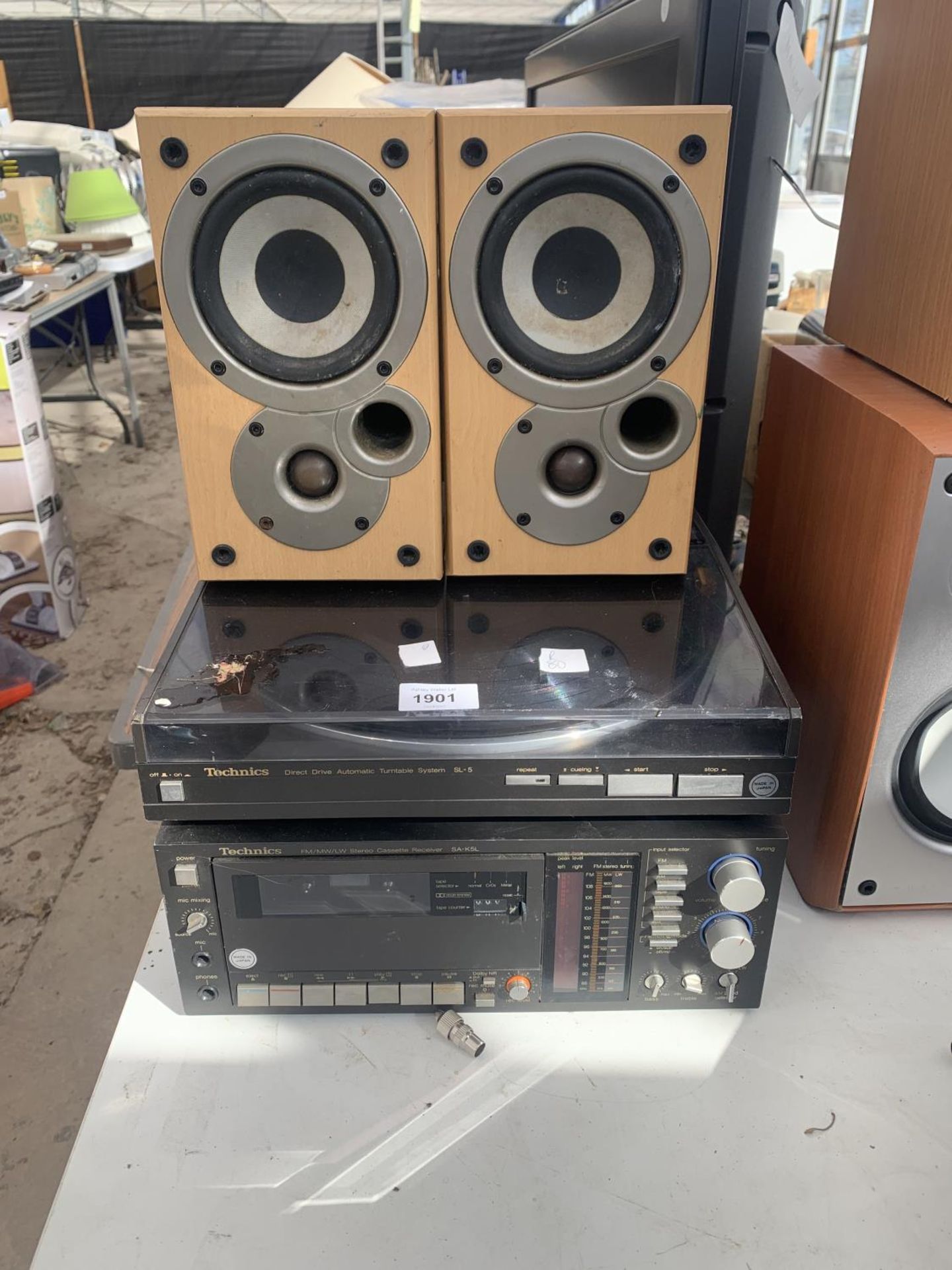 A TECHNICS TURNTABLE SYSTEM, A TECHNICS CASSETTE RECEIVER AND TWO SPEAKERS