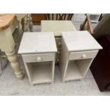 A PAINTED BEDSIDE CHEST AND TWO LOCKERS