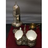 A MAPPIN AND WEBB SILVER PLATED SUGAR SHAKER AND A CHRISTENING CUP ENGRAVED DONALD