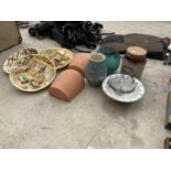 AN ASSORTMENT OF ITEMS TO INCLUDE A STONE WARE BISCUIT BARREL, PLATES AND PLANTERS ETC