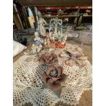 AN ASSORTMENT OF ITEMS TO INCLUDE A STAFFORDSHIRE FLATBACK EXAMPLE, LACE DOILIES ETC