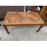 A RETRO TEAK COFFEE TABLE WITH TILED TOP, 33.5X17.5"