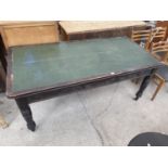 A VICTORIAN PINE OFFICE TABLE WITH TWO DRAWERS, ON TURNED LEGS, 71X36" WITH INSET LEATHERETTE TOP