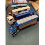 FOUR CORGI WAGONS WITH TRAILER TO INCLUDE A EXPRESS SERVICE, TANKER, NATIONAL RACING STABLES AND A