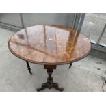 A VICTORIAN OVAL WALNUT AND INLAID PEMBROKE TABLE, 35" WIDE CLOSED, 41" FULLY OPEN