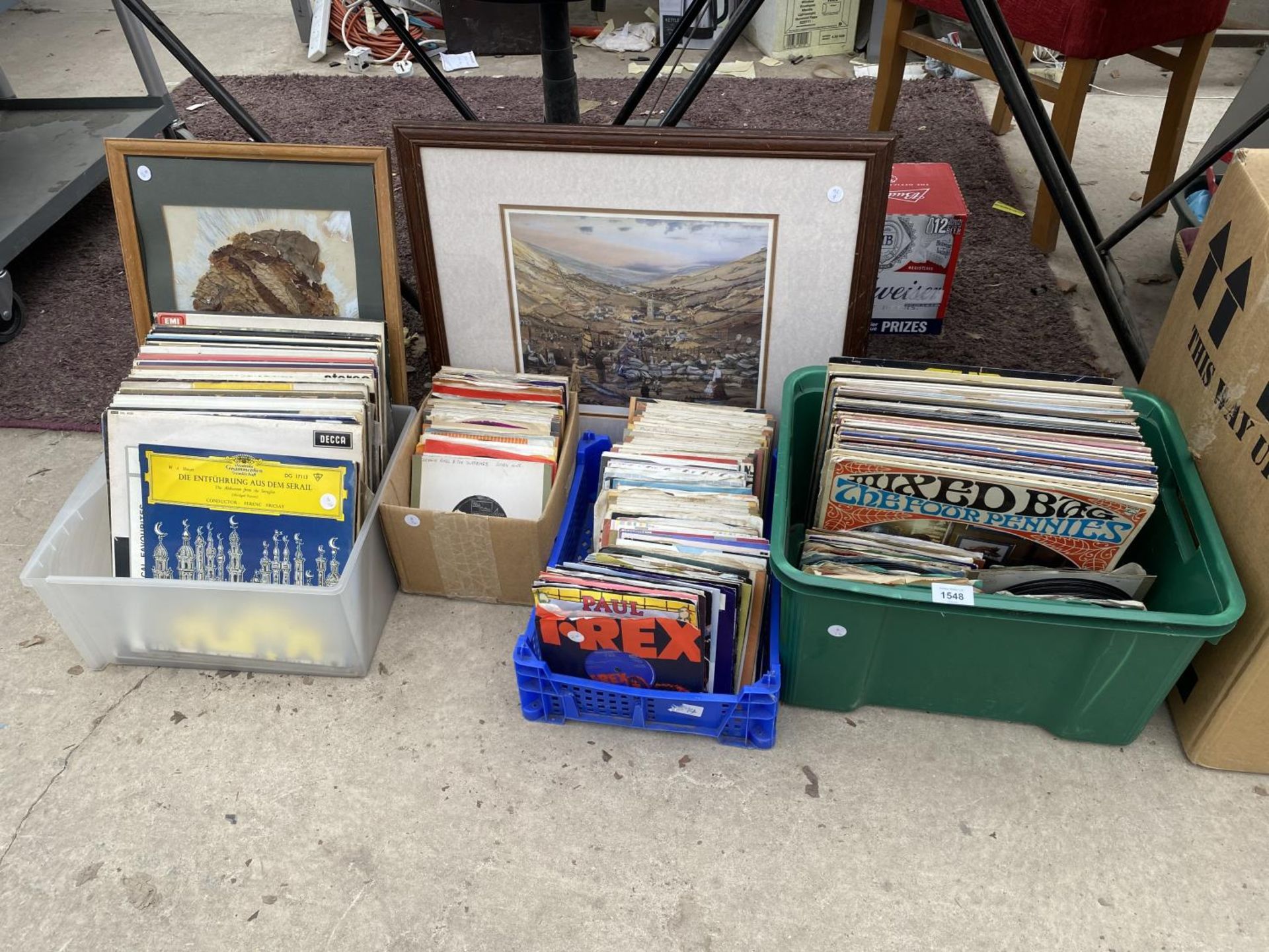 A LARGE QUANTITY OF VINTAGE LP RECORDS AND TWO FRAMED PRINTS