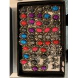 A TRAY OF COLOURED STONE AND CAT DRESS RINGS
