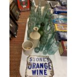 A COLLECTION OF VINTAGE GLASS BOTTLES, STONEWARE JARS AND A SMALL ENAMEL 'STONE'S ORANGE WINE'