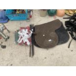 A QUANTITY OF HORSE TACK TO INCLUDE WHIP HANDLES, HAY NETS AND SADDLE PADS ETC