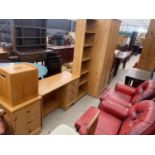 A MODERN PINE TWO DOOR WARDROBE, DRESSING TABLE, SMALL CHEST, OPEN BOOKCASE AND STOOL