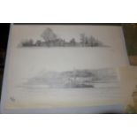 AN ALLAN HARRIS (BRITISH, 20TH CENTURY), PENCIL SKETCH OF BLENHEIM PALACE, 27X40CM, UNFRAMED, PLUS