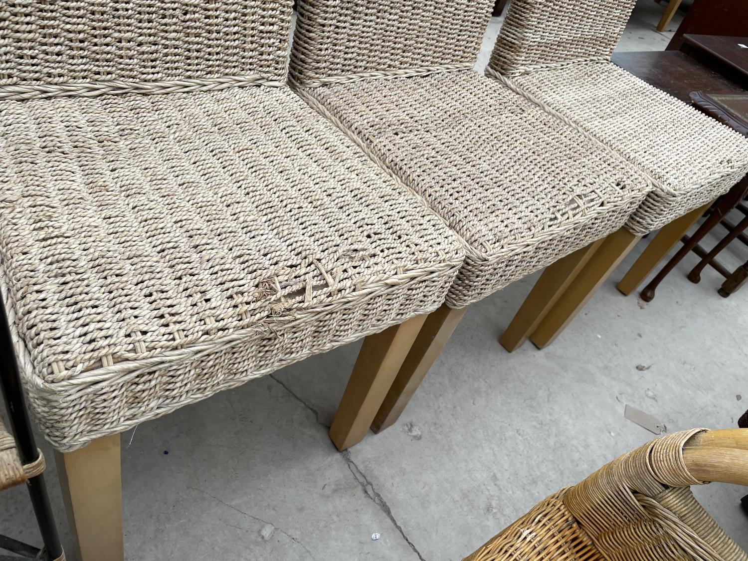A PAIR OF STYLISH METALWARE FRAMED CONSERVATORY ELBOW CHAIRS WITH WICKER SEATS AND BACKS, TOGETHER - Image 6 of 6