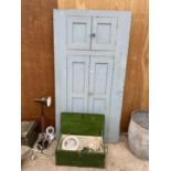 A WOODEN DOOR AND A VINTAGE CHEST WITH ELECTRIC CABLE ETC