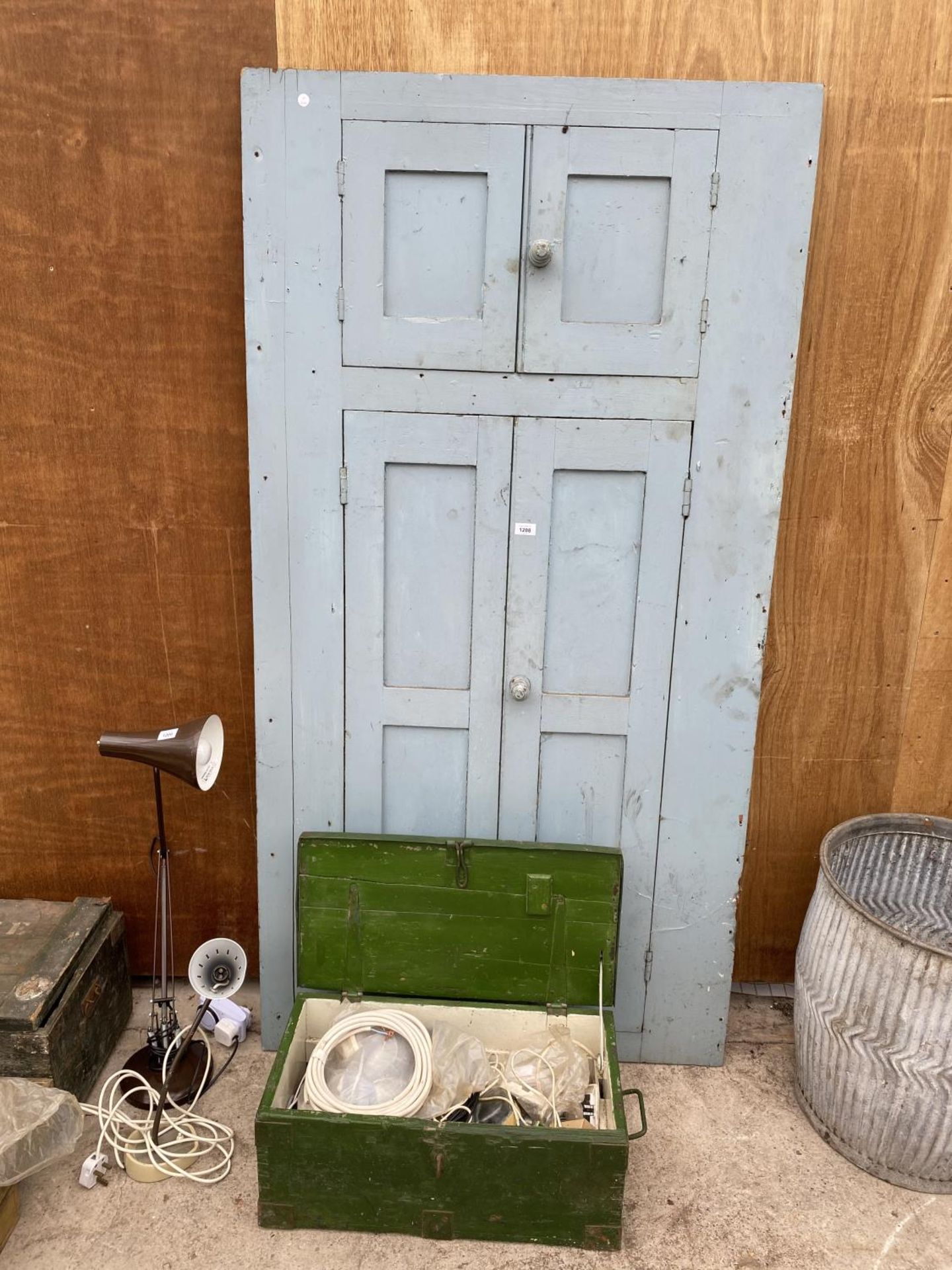 A WOODEN DOOR AND A VINTAGE CHEST WITH ELECTRIC CABLE ETC