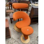 A STOKKE ORANGE PEEL CHAIR WITH HEADREST AND MATCHING STOOL, BOTH ON CIRCULAR BASES