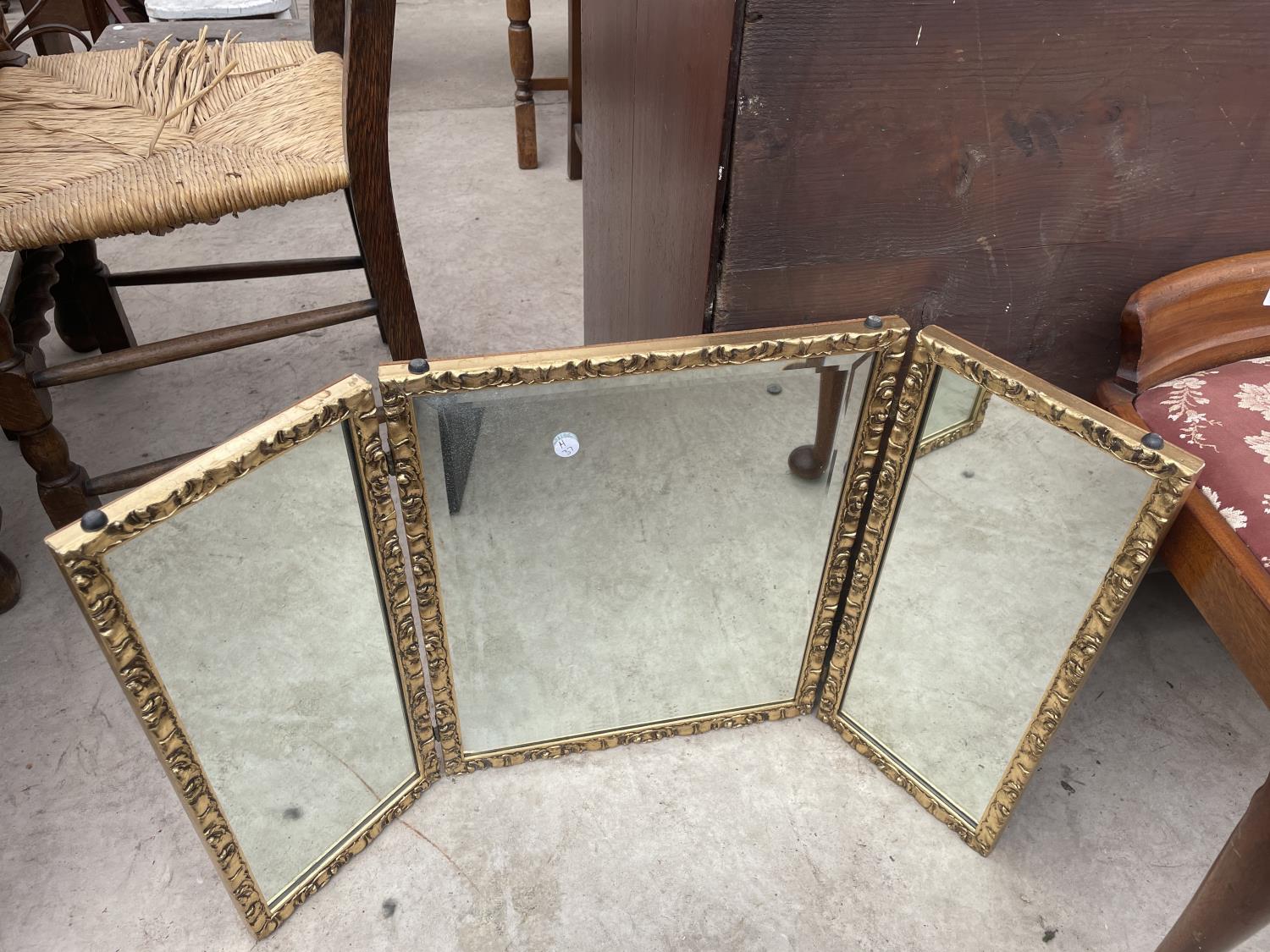 A GILT FRAMED TRIPLE MIRROR, MAHOGANY DRESSING STOOL ON FRONT CABRIOLE LEGS AND A BOX STOOL - Image 3 of 6