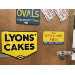 TWO VINTAGE METAL SIGNS TO INCLUDE 'LYONS CAKES' AND 'BEECHAMS PILLS'