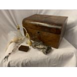 A WALNUT LIDDED BOX AND CONTENTS