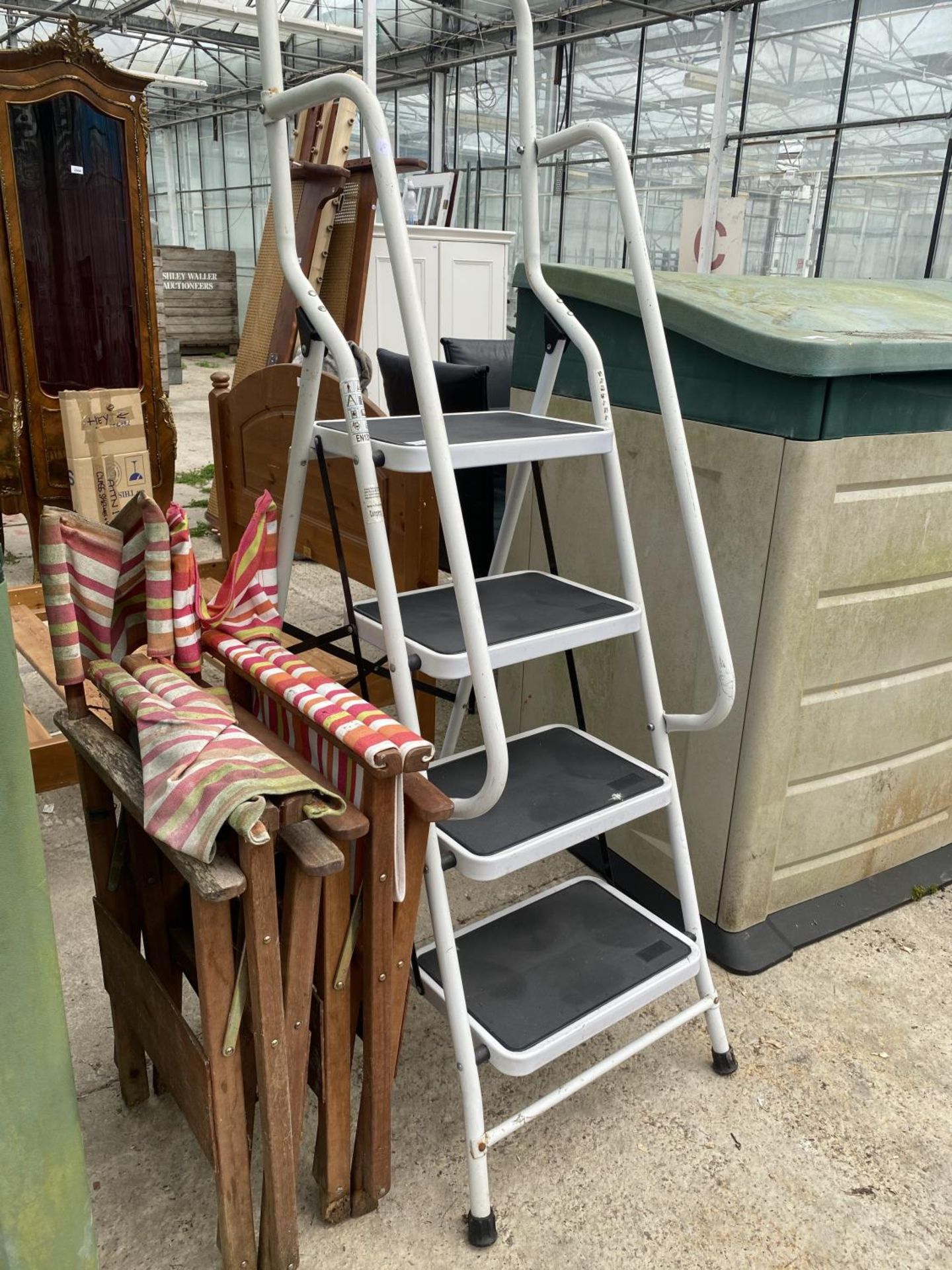 TWO PLASTIC GARDEN STORAGE SHEDS, A SET OF KITCHEN STEPS AND TWO DIRECTORS CHAIRS - Image 4 of 6