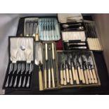 EIGHT BOXED SETS OF CUTLERY TO INCLUDE PEARL HANDLED FORKS AND A SET OF SUGAR SERVERS