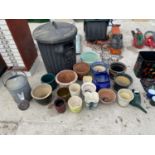 AN ASSORTMENT OF ITEMS TO INCLUDE A DUST BIN, A GALVANISED WATERING CAN AND CERAMIC PLANTERS ETC