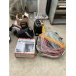 AN ASSORTMENT OF TOOLS TO INCLUDE AN AIR COMPRESSOR, JUMP LEADS AND BATTERY CHARGERS ETC