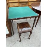 A FOLDING CARD TABLE WITH GREEN BAIZE TOP, 30" SQUARE AND SMALL OCCASIONAL TABLE