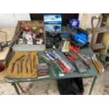 AN ASSORTMENT OF TOOLS TO INCLUDE DRILL BITS, TORCHES AND A WOOD PLANE ETC