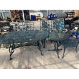 A LARGE DECORATIVE BISTRO SET WITH LARGE TABLE, OCCASIONAL TABLE, COFFEE TABLE, FOUR CHAIRS AND A