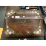A VINTAGE MAHOGANY WRITING SLOPE WITH MOTHER OF PEARL INLAY FLORAL DESIGN